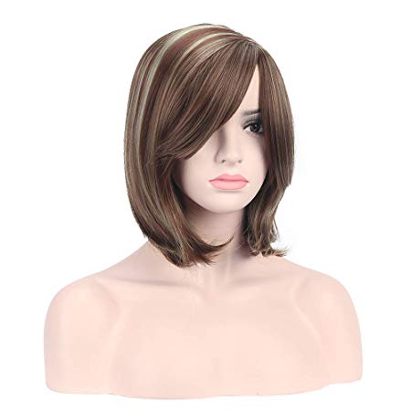 DAOTS Short Bob Brown Mixed Light Blonde Wigs With Bangs for Women Straight Synthetic Hair Wig for Girls Natural Heat Resistant Wig