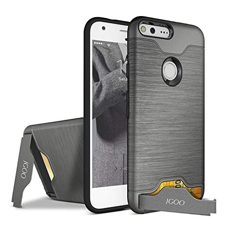 Google Pixel Case 5.0",JGOO High Impact Resistant Brushed Texture Dual Layer Protective Bumper,Flexible TPU & Hard PC Slim Body Shield Back Cover with Secure Hidden Card Slot for Google Pixel,Grey