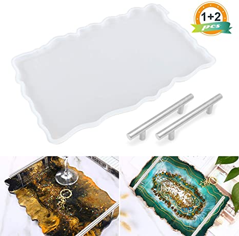 LET'S RESIN Silicone Resin Tray Molds,Geode Agate Platter Molds with 1pcs Geode Agate Tray Molds & 2pcs Silver Handles,Epoxy Resin Casting Molds for Making Faux Agate Tray,Serving Board