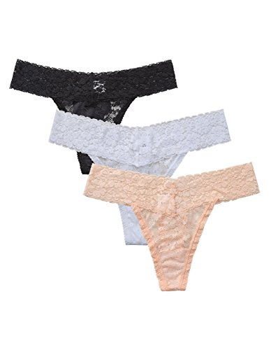 HiMiss Women's Cute Lacy Trim Panties Comfortable Stretchy Cotton Sexy Lace Thongs Peach Underwear (3 Pack)