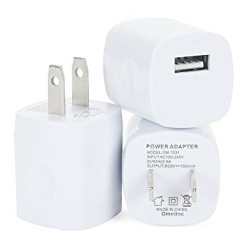 Omni INC 3PC Universal USB Port USB AC/DC Power Adapter Home Wall Charger Plug W/ Easy Grip for iPhone 7/7 plus 6/6 plus Samsung Galaxy S5 S4 S3 White