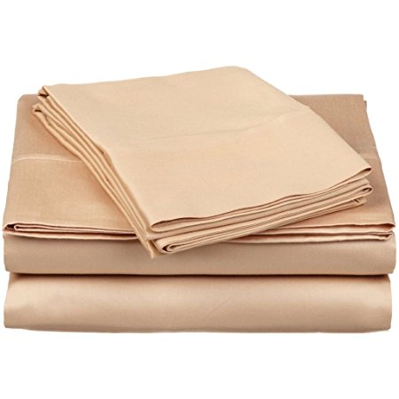 100% Premium Long-Staple Combed Cotton 300 Thread Count Queen 4-Piece Sheet Set, Deep Pocket, Single Ply, Solid, Beige