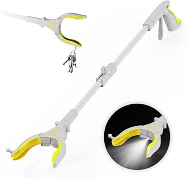 Kekoy 32'' Reacher Grabber Tool, Reachers for Disabled & Seniors Heavy Duty with LED Light, Foldable Reacher Grabber Pickup Tool, Magnetic Tip Arm Extension Trash Claw Grabber Tools (Grey Yellow)