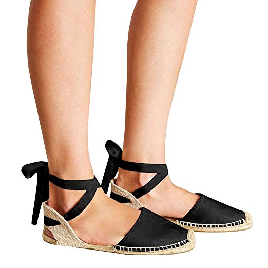 Pxmoda Women's Lace Up Espadrille Sandals Bandage Ankle Buckle Flats Flip Flops