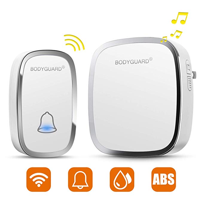 Bodyguard Wireless Doorbell with 1 Remote Button （Battery included） and 1 plug-in Receivers Operating at 1000 Feet, Over 36 Chimes, 4 Level Volume LED Flash (White)