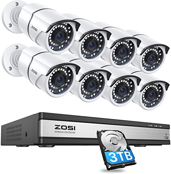 ZOSI 16CH 4K PoE Security Cameras System,4K 8MP 16-Channel H.265 NVR with 3TB Hard Drive and 8pcs 5MP Indoor Outdoor PoE IP Cameras,120ft Night Vision,Remote Access for Home Business 24/7 Recording