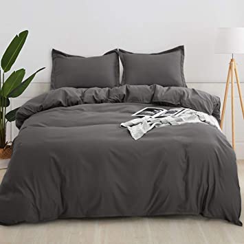 Duvet Cover Set Queen Size Dark Grey 3 Piece Comforter Cover – Ultra Soft Microfiber Hotel Collection Soft and Breathable with Zipper Closure & Corner Ties,1 Quilt Cover and 2 Pillow Shams