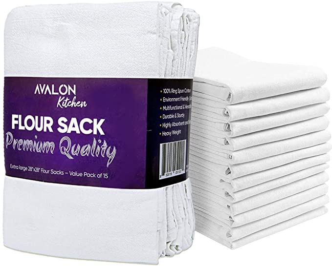 Avalon Kitchen Flour Sack Kitchen Dish Towels – 28x28 inches Value Pack of 15 – Made from 100% Ring-Spun Cotton – Lint Free with High Absorbency and Durability. for Multipurpose use in Kitchen