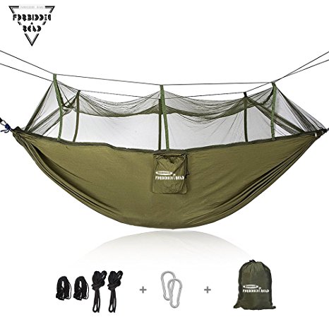 Forbidden Road Hammock Single & Double Mosquito Net Camping Hammock Capacity 500lbs Portable 0.73lbs for Outdoor Hiking Backpacking Travel Backyard Ropes Carabiners Included - Green Blue Pink