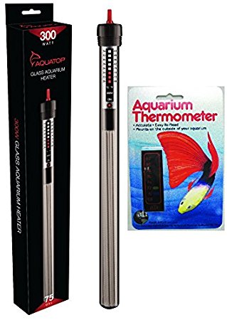 Aquatop Aquarium Glass Submersible Heater, 300-Watt with Liquid Crystal Vertical Aquarium Thermometer