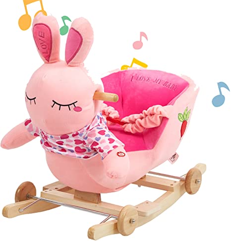 Lucky Tree Kids Rocking Horse Chair Toys Girls Wooden Plush Bunny Riding Rocker Animal Ride on,Pink Rabbit