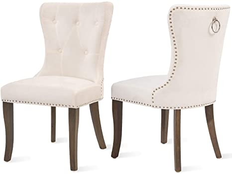 COZYWELL Dining Chair Set of 2, White Velvet Tufted Dining Chair Upholstered Accent Chair Button Tufted Parson Armless Chair with Nailhead Trim and Back Ring Pull (Velvet Beige White)