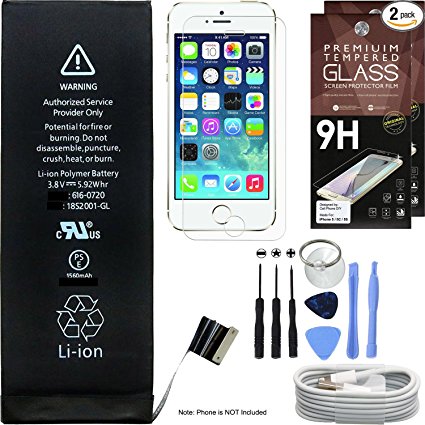 Cell Phone DIY Replacement Battery Kit for Apple iPhone 5S & 5C - Complete Repair - Includes Tools - [Set of 2] Glass Screen Protectors Pack - 1M/3' USB Cable - 0 Cycle 1560mAh Batteries Pack - Replace 616-0720