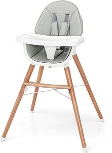 COSTWAY High Chair for Babies and Toddlers, Wooden Baby Highchair with 5-Point Safety Harness, Removable Double Tray and PU Seat Cushion, Infant Feeding Chair for 6-36 Months (Gray)