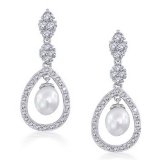 Bling Jewelry Bridal Pave CZ Teardrop Simulated Pearl Earrings Rhodium Plated