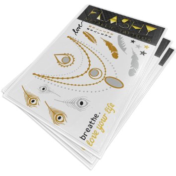 [#1 Rated Flash Tattoos] 5 Sheet Designer Temporary Tattoo Collection - Metallic Flashy Tats are Long Lasting, Realistic & Beautiful - Over 75 Designs Inspired by Beyonce & the Hottest Trends!