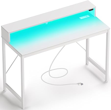 Rolanstar Computer Desk 47" with LED Lights & Power Outlets, Home Office Desk with Monitor Shelf, Gaming Desk, Writing Desk, Study Desk for Student & Kids, White