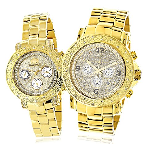 Large His and Hers Watches: Yellow Gold Plated Luxurman Diamond Watch Set 0.55ct