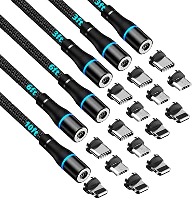 Magnetic Charging Cable, Ankndo Magnetic Phone Charger [6-Pack,3ft/3ft/3ft/6ft/6ft/10ft] Magnetic Charger with LED Light 3-in-1 USB Magnetic Cable Compatible for Micro USB, Type C and iProduct Devices