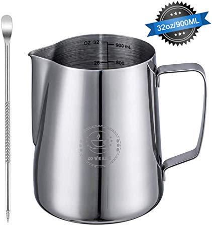 Stainless Steel Milk Frothing Pitcher 32oz/ 900ml Steaming Pitchers with Decorating Art Pen, Milk Coffee Cappuccino Latte Art Barista Steam Pitchers Milk Jug Cup for Espresso Machines Latte Art