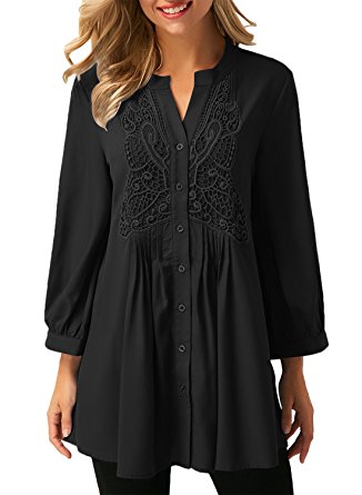 FARYSAYS Women's Casual Notch Neck Long Sleeve Pleated Button Down Loose Tunic Top Blouse T-Shirt