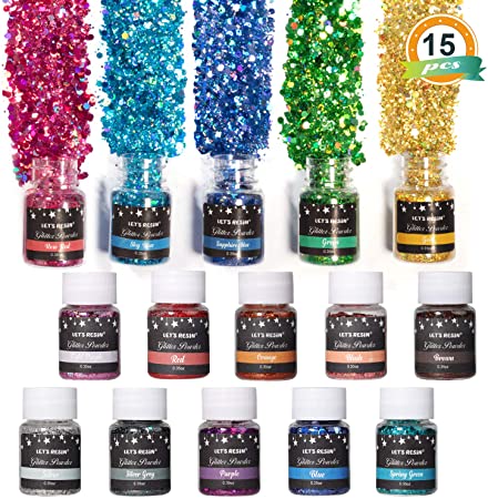 Chunky & Fine Glitter Powder, LET'S RESIN 15 Color Holographic Chunky Glitter Powder (Each 0.35oz),Craft Glitters Sequins Mixed Powder Set for Epoxy Resin, Nail Art, Slime, Epoxy Tumblers