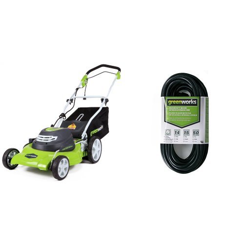 Greenworks 20-Inch 12 Amp Corded Lawn Mower 25022 with 50-Foot Indoor & Outdoor Extension Cord ECOA010