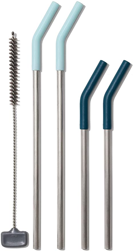 OXO Good Grips Stainless Steel 5 Piece Reusable Straw and Brush Set - Blue/Green