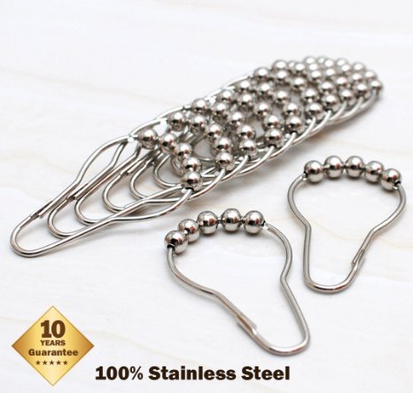 100 Percent Rustproof Stainless Steel Shower Curtain Rings or Hooks Polished Chrome with Balls on; 10 Years Guarantee