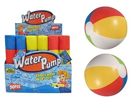 50 Party Pack - Blade Blaster Mini Eliminator Foam Water Gun Easy Light Weight Water Shooters with 2 Beach Balls Great Toys for Boys and Girls at the Beach