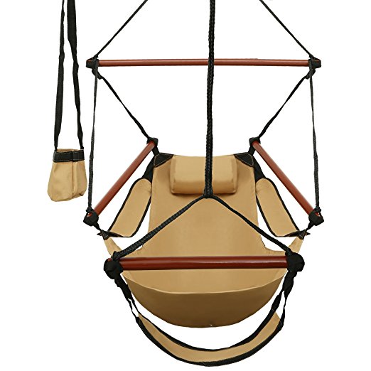 Ancheer Hanging Hammock Air Chair with Pillow, Cup Holder, Foot Rest and Spreader Bar, Light Brown