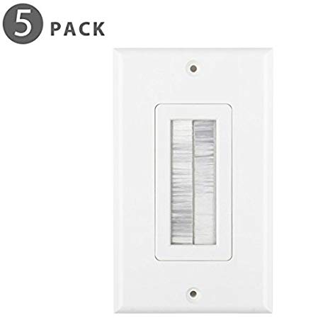 TNP Brush Wall Plate (5 Pack) - Single Gang Cable Entry Access Brush Bristles Style Strap Opening Port Insert Socket Wiring Plug Jack Decorative Face Cover Outlet Mount Panel (White)