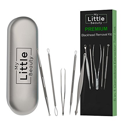 MY LITTLE BEAUTY PREMIUM Blackhead Remover 5 in 1 Kit Comedone Extractor Tool Set Designed To Remove Blackheads Spots Acne Whiteheads Comedones Blemishes Pimples Zits Ingrown Hair Remove Tweezers