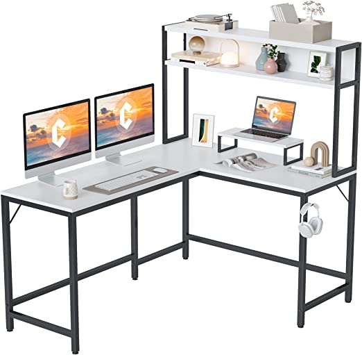 CubiCubi Corner Desk with Hutch, 150 * 120cm L-Shaped Computer Desk,Home Office Gaming Table Workstation with Storage Bookshelf,White