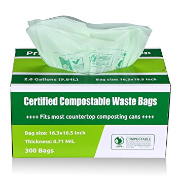 Primode 100% Compostable Bags 2.6 Gallon Food Scraps Yard Waste Bags, Extra Thick 0.71 Mil. ASTMD6400 Biodegradable Compost Bags Small Kitchen Trash Bags, Certified By BPI And VINCETTE, (300)