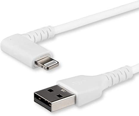 StarTech.com 1m USB A to Lightning Cable - Durable 90 Degree Right Angled White USB Type A to Lightning Connector Sync & Charger Cord w/Aramid Fiber Apple MFI Certified iPad iPhone 11 (RUSBLTMM1MWR)