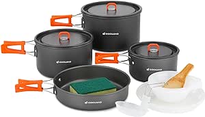 Odoland 15pcs Camping Cookware Mess Kit, Non-Stick Lightweight Pots Pan Set with Spoon Bowls Plates for Camping, Backpacking, Outdoor Cooking and Picnic for 1-5 People