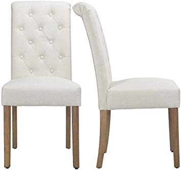 Yaheetech Solid Wood Dining Chairs Button Tufted Parsons Diner Chair Upholstered Fabric Dining Room Chairs Kitchen Chairs Set of 2, Beige