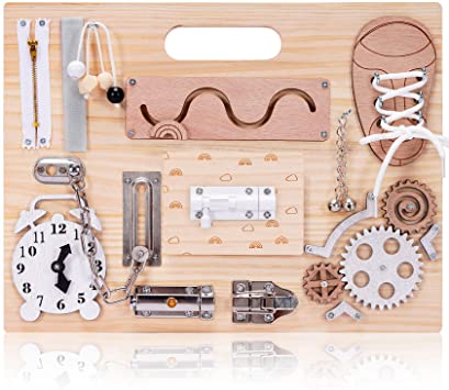 HAN-MM Montessori Busy Board for Toddlers - Wooden Montessori Toys for Toddlers - Travel Toy with Educational Activities and Fine Motor Skills Activity Buckle Toy