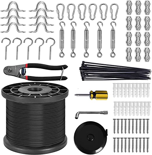 Globe String Lights Suspension Kit,200Ft Coated Stainless Steel 304 Wire Rope, Outdoor String Light Hanging Kit with Enough Accessories, Turnbuckle and Hooks,Humanized Collocation