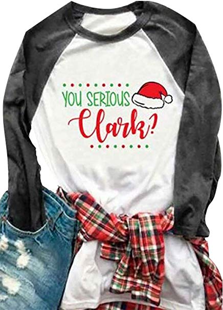 Christmas You Serious Clark T Shirt Women Cute Santa Hat Print 3/4 Raglan Sleeve Baseball Tees Top