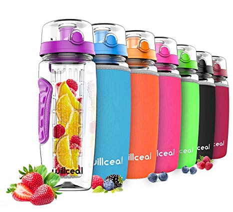 Willceal Fruit Infuser Water Bottle 32oz Durable, Large - BPA Free Tritan, Flip Lid, Leak Proof Design - Sports, Camping