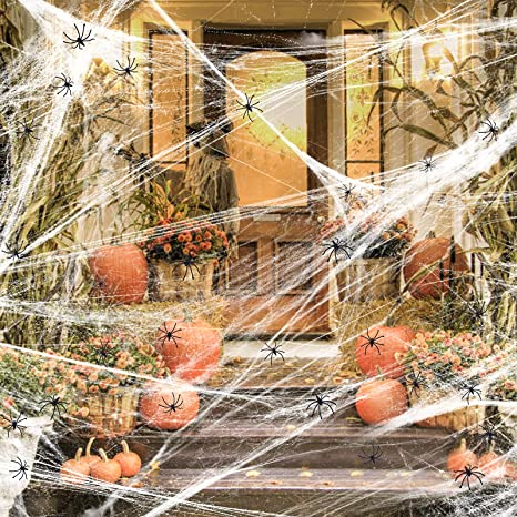 OEAGO Halloween Decorations Outdoor Stretch Spider Web-Halloween Scary Giant Spider Decor with 80 Pcs Fake Spiders for Indoor, Outdoor and Yard Party Creepy Decor