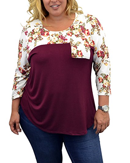 Urban Rose Womens Plus-Size 3/4 Ruched Sleeve Colorblock Top
