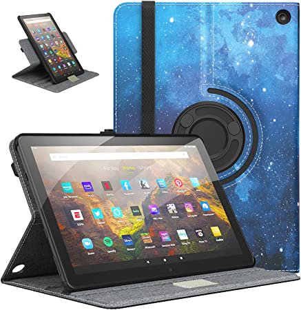 MoKo Case for All-New Kindle Fire HD 10.1 inch 2021，Fire HD 10 Plus Case 2021（11th Generation, 2021 Release, 90 Degree Rotating Swivel Leather Cover Case with Auto Wake/Sleep, Blue Sky Star