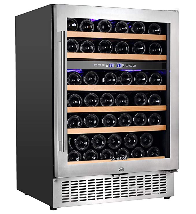 Aobosi 24'' Wine Cooler Dual Zone 51 Bottle Wine Refrigerator Built in and Freestanding with Seamless Stainless Steel & Anti-UV Tempered Glass Door,Safety Child Lock,and Temperature Memory Function