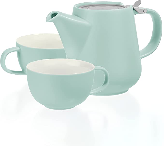 Tealyra - T42 Tea for Two Set - Turquoise Porcelain Teapot 27 fl.oz - Two Cups 8.5 fl. oz - Stainless Steel Lid - Removable Infuser for Loose Leaf Tea