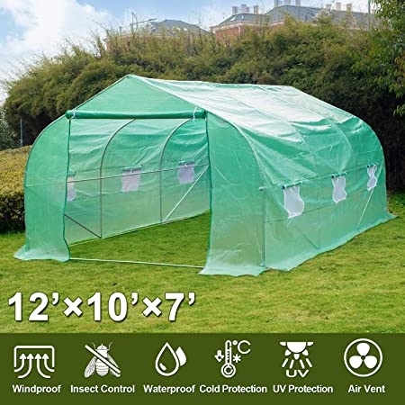 Repalbel Greenhouse, 12' X 10' X 7' Portable Green Houses Tunnel Tent, Large Walk-in Heavy Duty Green Garden Plant Hot House Roll-up Windows, Zippered Door, 4 Stakes, 4 Ropes