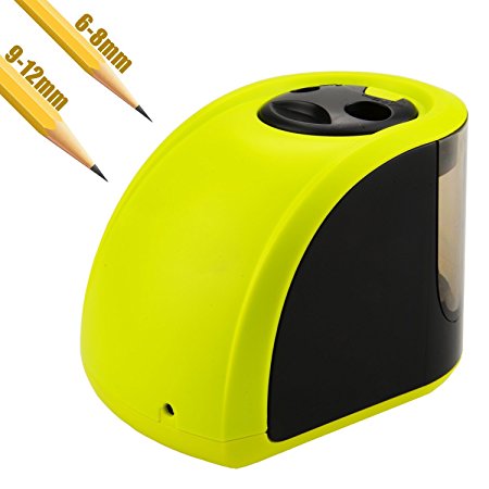 Hipiwe Electric Pencil Sharpener with 2 Sizes of Holes - Automatic Sacapuntas for 6-8 mm and 9-12mm Pencils, Portable Battery-Powered, Carbon Steel Cutting, 2 Extra Replacement Blades Included (Green)