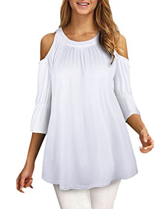 Kilig Women's Casual O-Neck 3/4 Sleeves Cut Out Cold Shoulder Tunic Top Shirt
